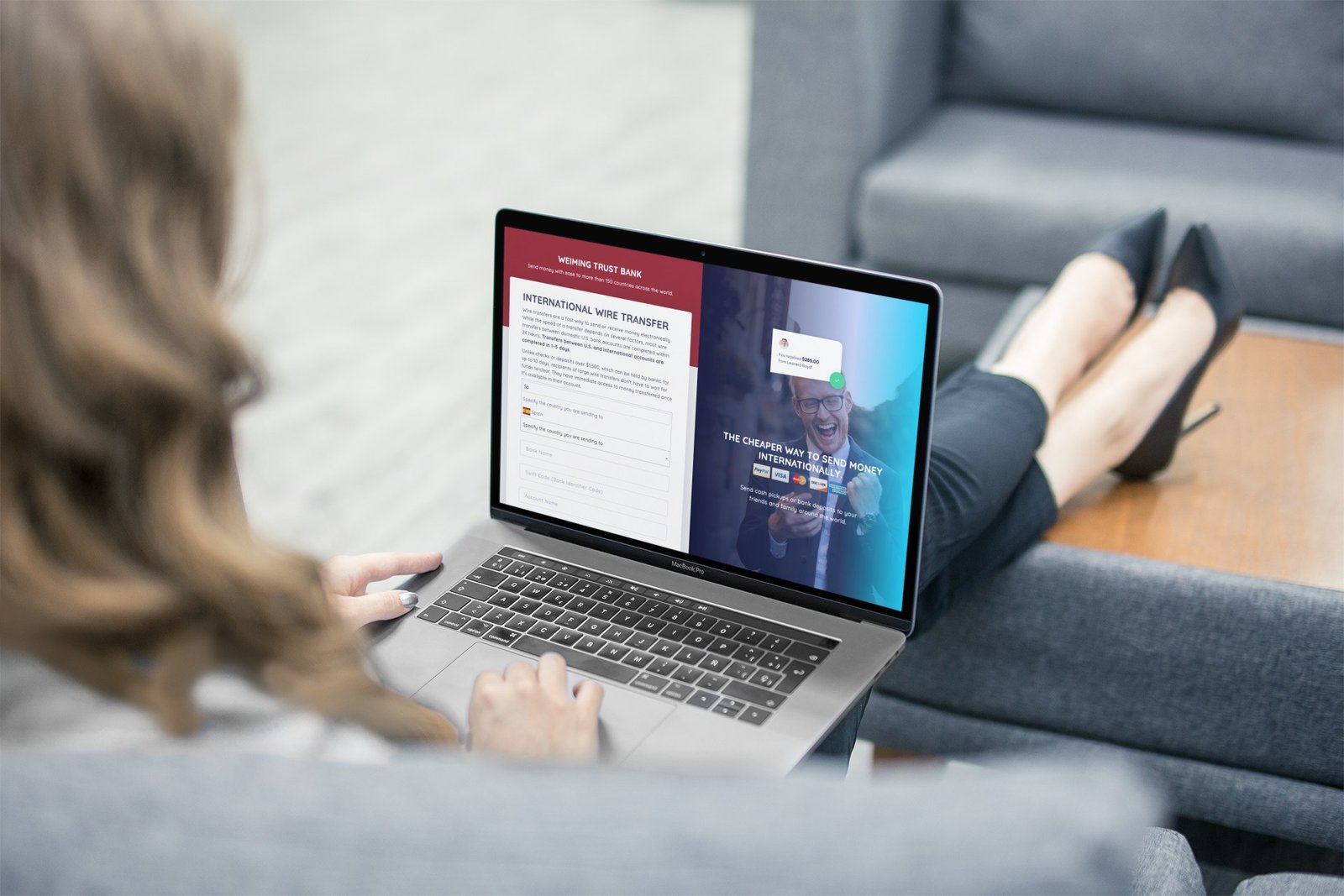 Man relaxing on beach as he banks online